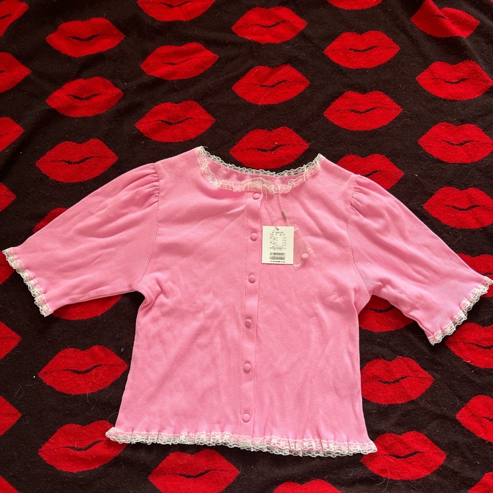 NWT Japan nice claup kawaii pink button down lace top S